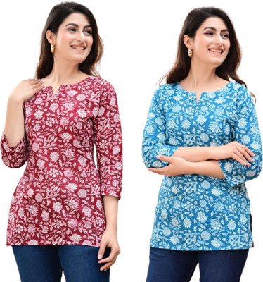 GURUFASHIONS Women Printed Straight Kurta(Red, Blue)