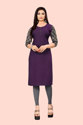 HOFC Women Solid Straight Kurta(Purple)