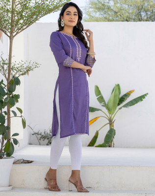 Anmi Chikan Embroidery Women Straight Kurta(Purple)