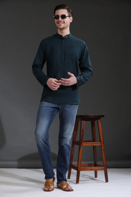 HouseOfCommon Men Solid Straight Kurta(Blue)