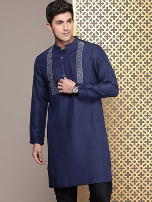 House of Pataudi Men Woven Design Straight Kurta(Blue)