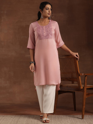 LIBAS Women Printed A-line Kurta(Pink)