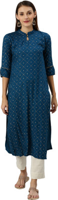 Samah Women Geometric Print, Printed, Checkered, Embellished Straight Kurta(Dark Blue)