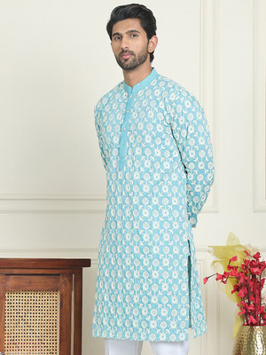 Jompers Men Embroidered Straight Kurta(Blue)