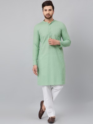 Fashvio Men Chikan Embroidery Straight Kurta(Green)