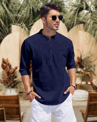 Growwax Men Self Design Straight Kurta(Dark Blue)