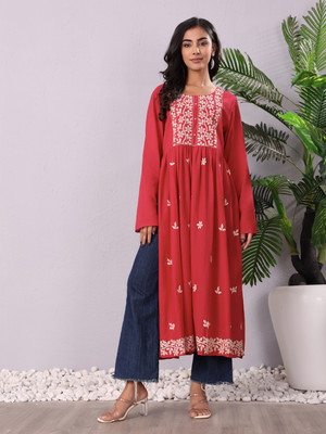 Varanga Women Woven Design Straight Kurta(Red)