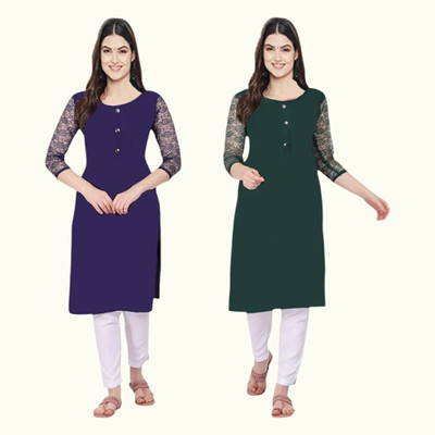 Good Straders Women Self Design Straight Kurta(Dark Blue, Dark Green)