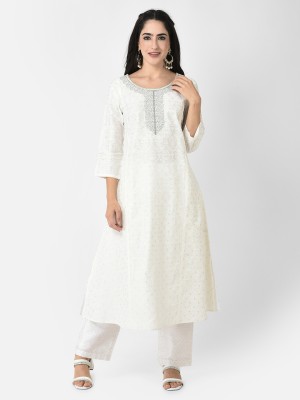 Span Women Self Design A-line Kurta(White)