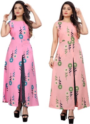 Hiral Creation Women Printed Frontslit Kurta(Pink)