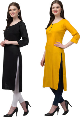 Coft Women Solid Straight Kurta(Black, Yellow)