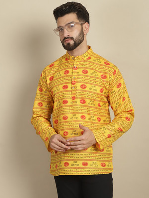 AEW DESIGNS Men Printed Straight Kurta(Yellow)