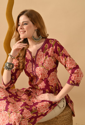 PHYSIL Women Printed Straight Kurta(Pink)