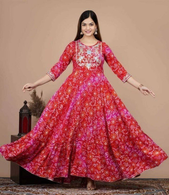 The Loomcraft Women Bandhani Flared Kurta(Orange)
