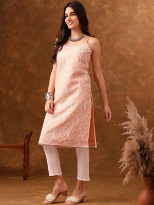 ANOUK Women Embroidered Straight Kurta(Pink)