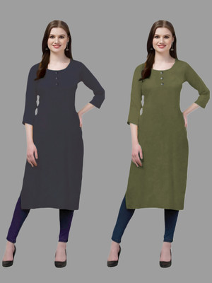 HOFC Women Solid Straight Kurta(Grey, Green)