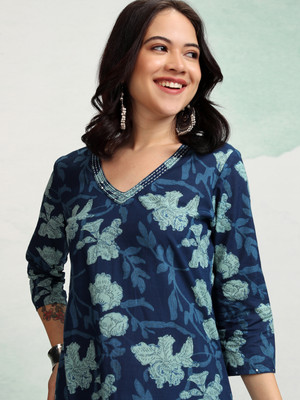 Vishudh Women Printed Straight Kurta(Blue)