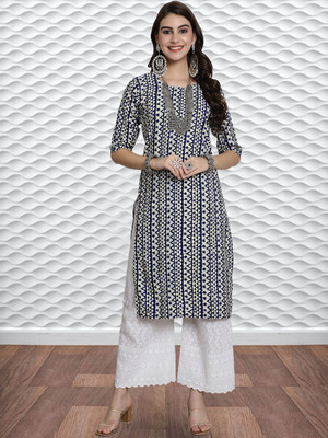 EthnicBasket Women Printed A-line Kurta(Dark Blue)