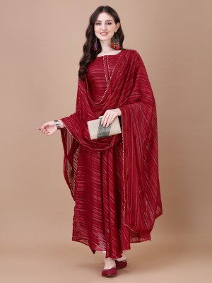 PMD Fashion Women Striped Anarkali Kurta(Maroon, Red)