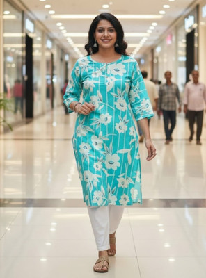 sofiacollection Women Floral Print, Striped Straight Kurta(Blue)