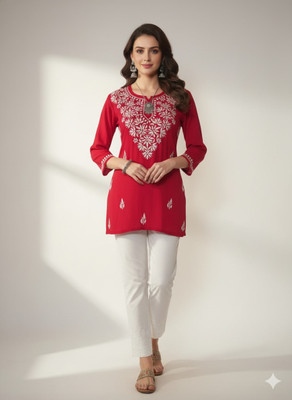 The Chikankari Story Women Chikan Embroidery Straight Kurta(Pink)