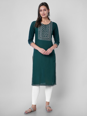 AshJyoti Women Embellished Straight Kurta(Dark Green)