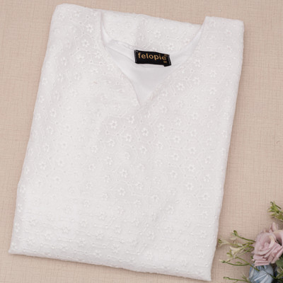 Felopie Women Chikan Embroidery Straight Kurta(White)