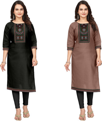 psmn Women Embroidered A-line Kurta(Black, Beige)