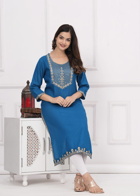 ki and ka Women Embroidered Straight Kurta(Blue, Gold)