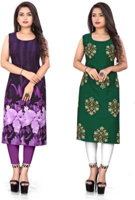 maruti fab Women Floral Print Straight Kurta(Purple, Green)