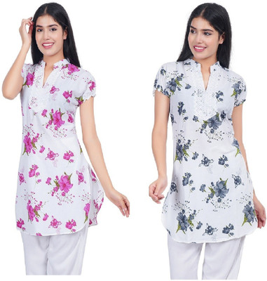 trendzmy Women Floral Print Straight Kurta(Pink, Grey)