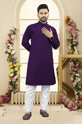 rivaaz Men Chikan Embroidery Straight Kurta(Purple)