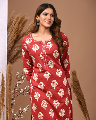 Rimeline Fashion Women Printed, Embroidered Straight Kurta(Maroon)