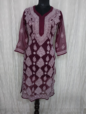 The Chikankari Story Women Chikan Embroidery Straight Kurta(Maroon)