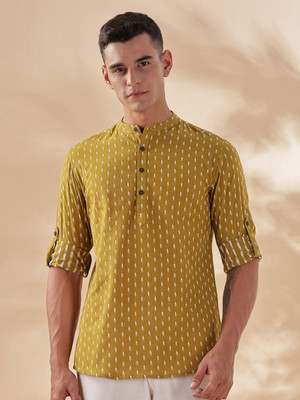 ANOUK Men Floral Print Straight Kurta(Yellow)