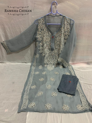 RAMSHA CHIKAN Women Embroidered Straight Kurta(Grey)