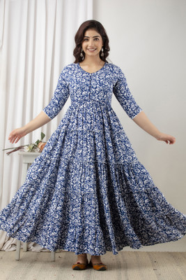 Henal Women Printed Gown Kurta(Blue)