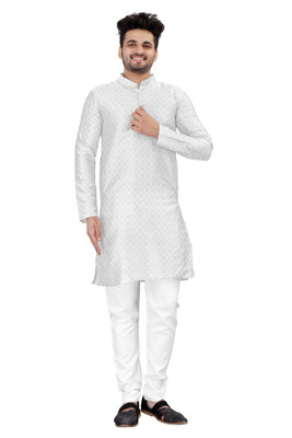 Growwax Men Self Design Straight Kurta(White)