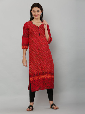 EZIS FASHION Women Block Print Straight Kurta(Red)