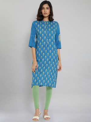 W Women Printed Straight Kurta(Blue)