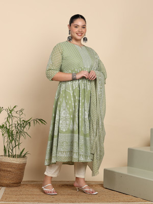 Yash Gallery Women Printed Anarkali Kurta(Green)