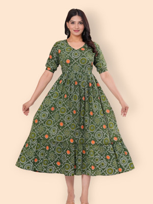 HouseOfCommon Women Printed Anarkali Kurta(Green)