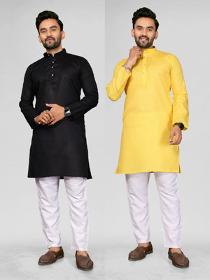 ANAND Men Solid, Self Design A-line Kurta(Black, Yellow)