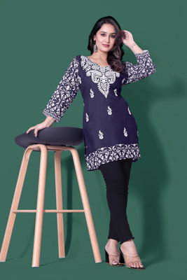 BNCOLLECTION Women Chikan Embroidery Tunic Kurta(Dark Blue)