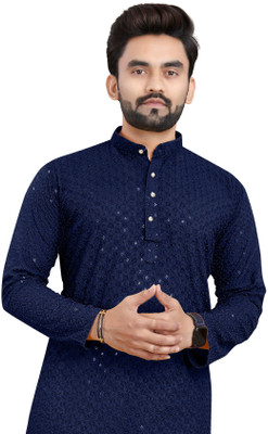 TRUST OUS Men Embroidered Straight Kurta(Dark Blue)