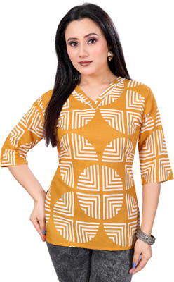 FINIFAB Women Printed, Geometric Print A-line Kurta(Yellow, White)