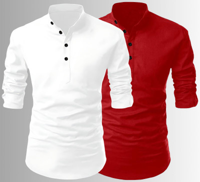Fashion Marts Men Solid Straight Kurta(White, Red)