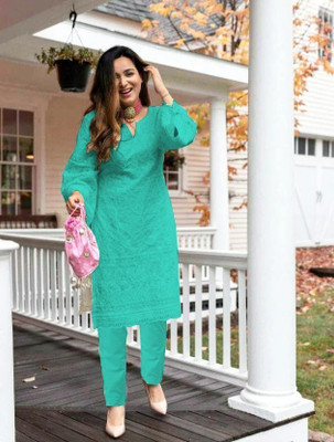 ZAZADIYA IMPEX Women Chikan Embroidery Straight Kurta(Light Green)