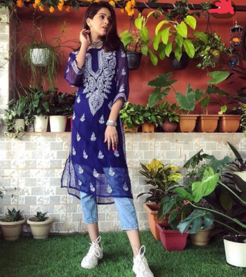 FS FASHION Women Chikan Embroidery Straight Kurta(Dark Blue, White)