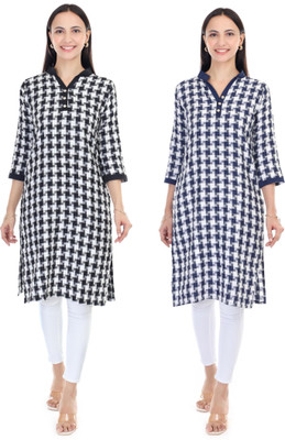 zoya collection Women Checkered A-line Kurta(Blue)